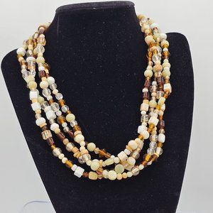 Vintage Multi-Strand Glass Bead Necklace White Brown Neutral Fall